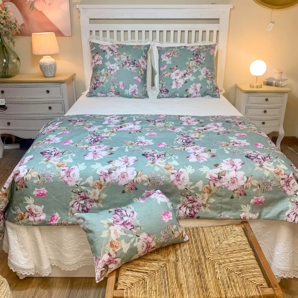 Algodón Egipcio 100% Plaid edredón azul flores cama 135 y 150