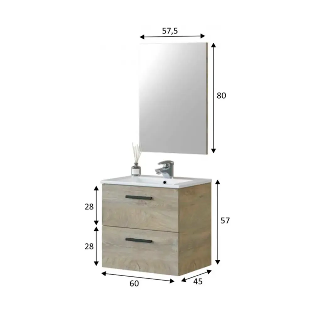 Canasta de Baño Mueble de baño Athena 2 cajones + espejo roble 60 cm