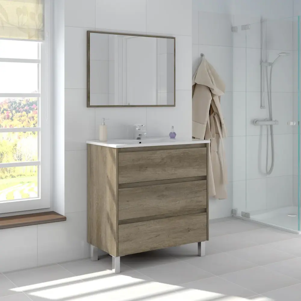 Dispensador de Jabón Mueble de baño Shibumi en melamínico 3 cajones con lavabo y espejo