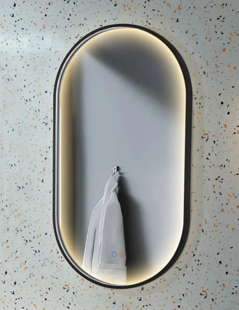 Organizador de Baño Espejos redondo, luz frí, antivaho espejo con luz LED 50x90cm negro mate