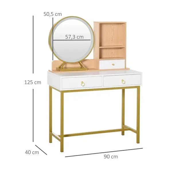 Tocador con espejo LED Homcom 3 cajones+2 estantes blanco/dorado 125x90x40 cm