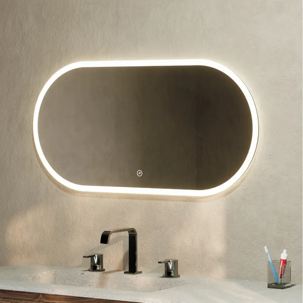 Espejo ovalado doble iluminación Eterea 80x40 con antifog y 3 tonalidades de luz Estilo Art Deco