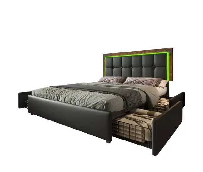 Cama de matrimonio de poliuretano 160x200cm con 4 cajónes,luz led y cabecera de altura ajustable,negro