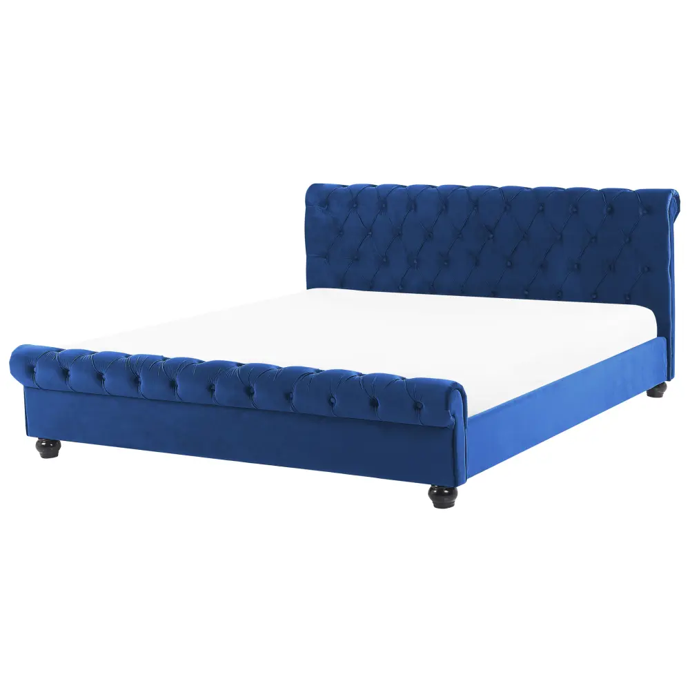Premium de Lujo Cama de agua de terciopelo azul marino/madera oscura 160 x 200 cm avallon