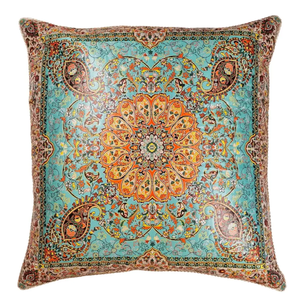 Lujosa funda de cojín de "termeh" con diseño Afshar sobre un fondo turquesa, un regalo exclusivo del arte persa para la ...