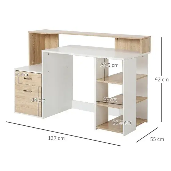 Escritorio Homcom cajones+estantes roble/blanco 92x137x55 cm en Gris Antracita
