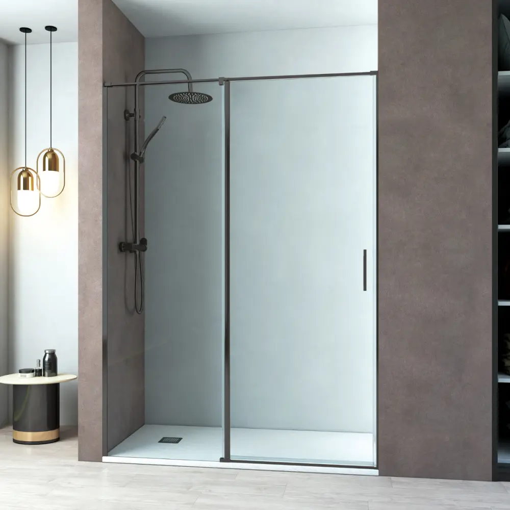 Mampara ducha frontal 1 puerta abatible 1 fijo 135cm negro