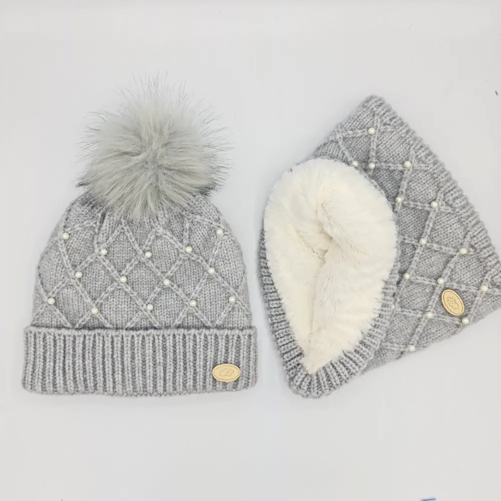 Tocado Divertido Conjunto KID Gorro y Cuello Perlitas gris