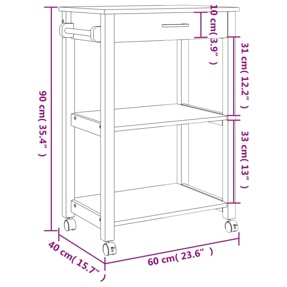 Carrito auxiliar Monza con cajón + 2 compartimentos madera de pino 90x60x40 cm