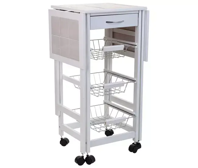 Carro de cocina de madera blanco 37/91x37x79 con Tapa de Cristal