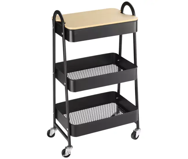 HOMCOM Carrito Auxiliar con Ruedas de 3 Niveles Carrito de Cocina con 3 Cestas de Acero y 1 Placa de Cubierta para Comedor...