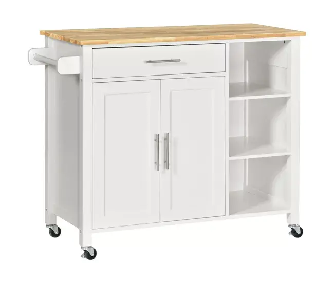 HOMCOM Isla de Cocina con Ruedas Mueble Auxiliar de Cocina con 1 Cajón 2 Puertas 3 Estantes Abiertos y Barra Lateral para...