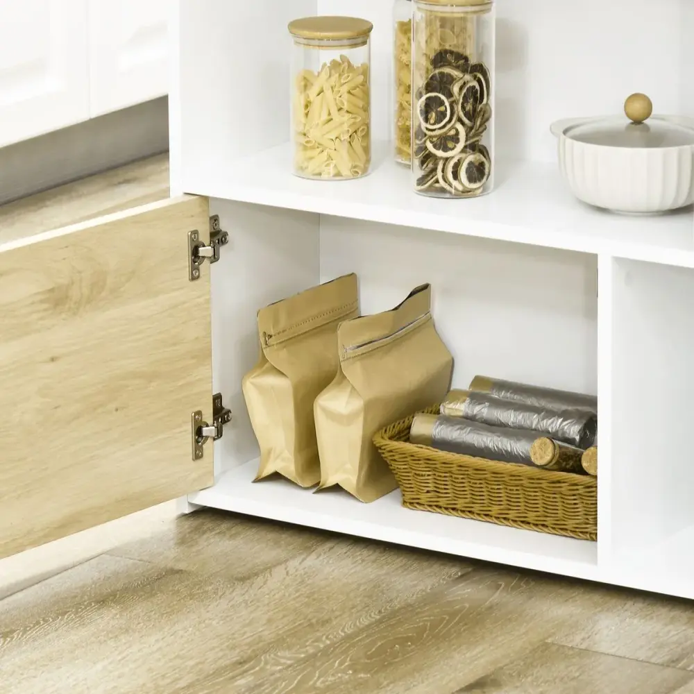 Silla Apilable Isla de cocina Colina Homcom con ala abatible 4 compartimentos + armario blanco/natural 91x116x79,5 cm