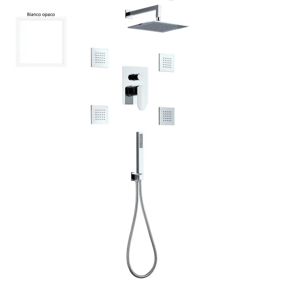 Juego Coordinado Juego de ducha compuesto por cabezal Parigi, 4 bodyjet, ducha y adaptable y desviador de 3 vías blanco