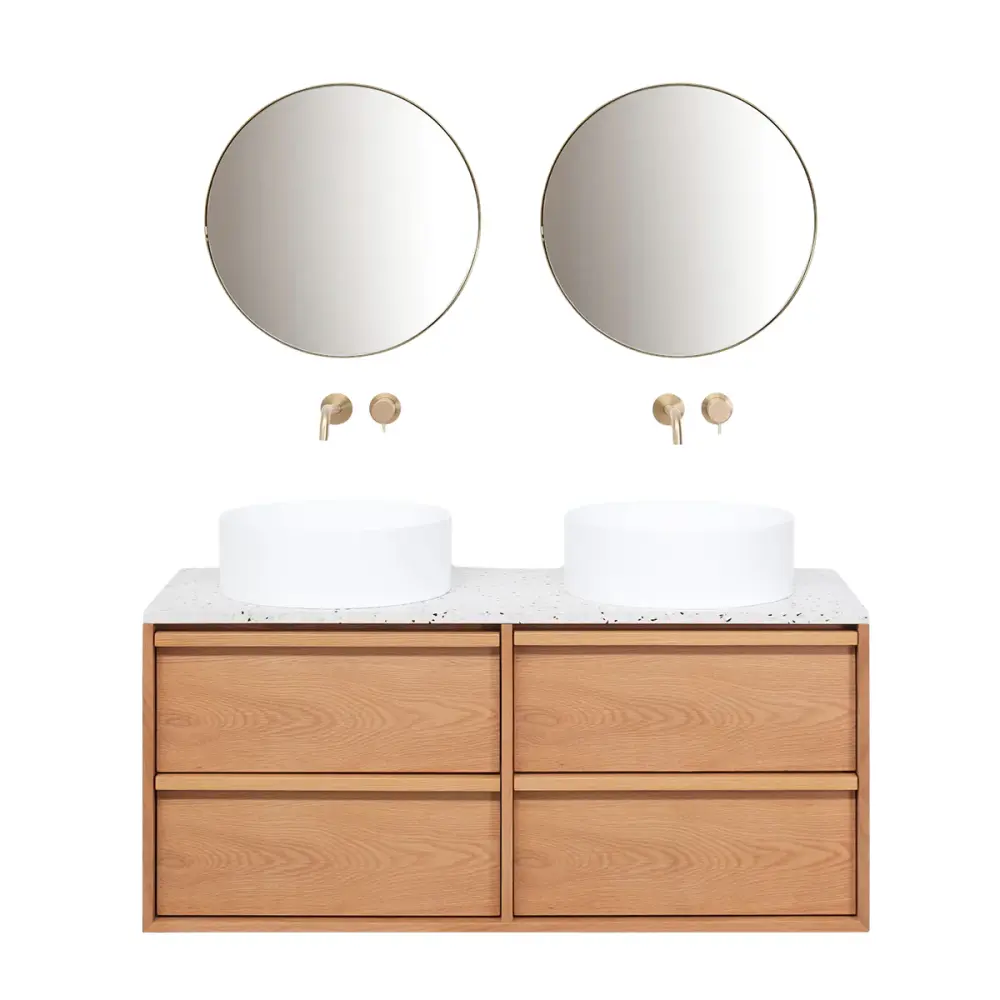 Mueble de baño Roble Fien - 120 cm - Lavabos Sims - Placa sobresaliente de terrazo Tamaño Baño Grande