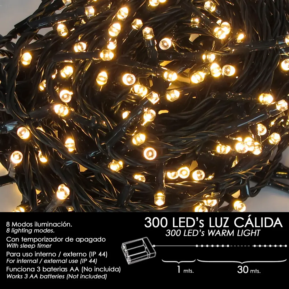 Luces Navidad Pilas 300 Leds Luz Calida Interior / Exterior (IP44) con Conector de Extensión