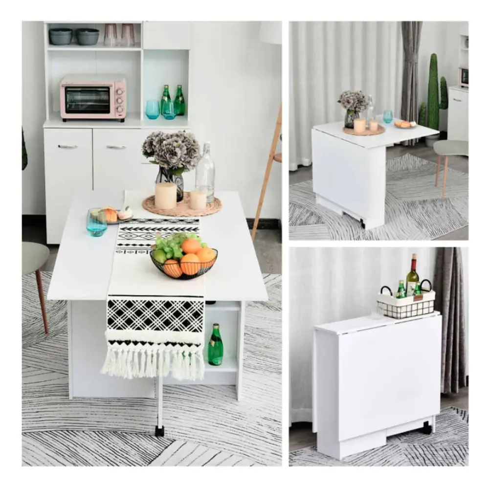 Mesa plegable Homcom 2 alas + 2 estantes + ruedas blanco 74x140x80 cm