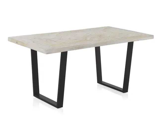 Butacón Reclinable Mesa de Comedor 160X90 Madera de Mango Patinada Blanca, Patas de Acero