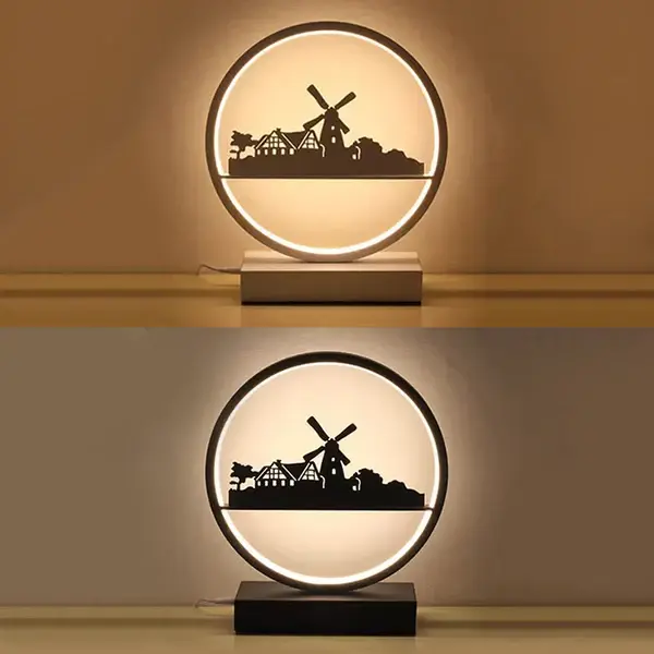 Luz de mesa de anillo acrílico con molino de viento, sala de estar, dormitorio, luz de escritorio de estilo vanguardista