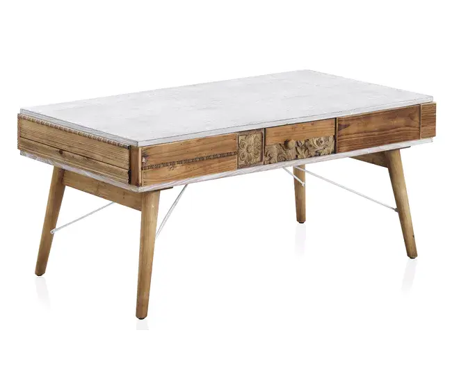 Mesa de centro blanca con frente de madera sin aditivos recuperada