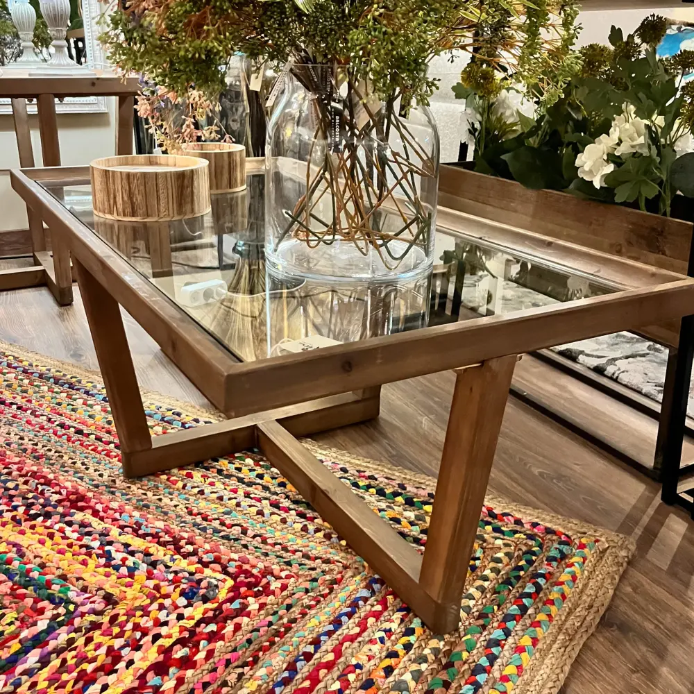 Mesa de centro de madera y cristal marrón 120x60x43