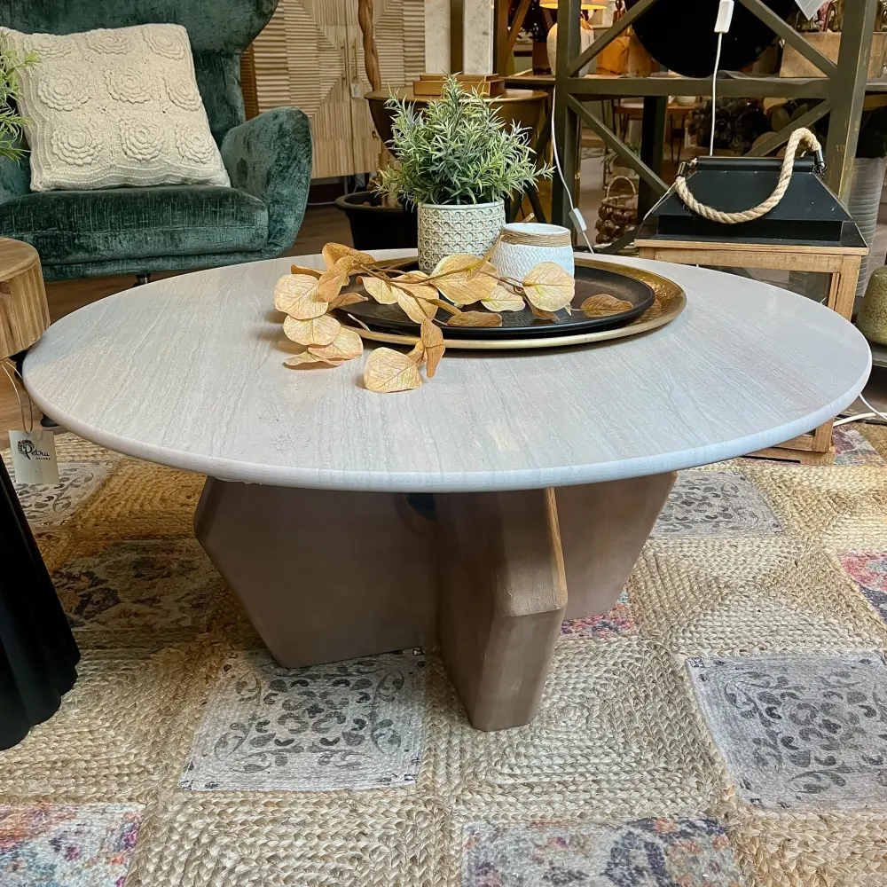 Mesa de centro mármol y madera beis 91x91x40