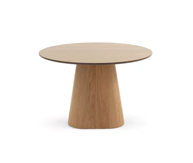 Mesa de madera contrachapado roble con pie central cónico