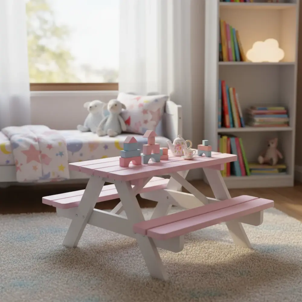 Roze-Witte Kinderpicknicktafel KING (90 cm.)