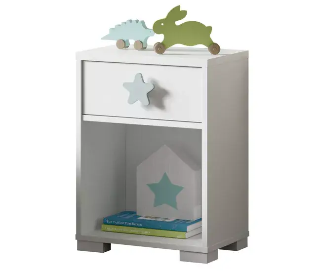 Mesita de Noche Infantil Star Color Roble Obvio 40x56x33 cm con Barrera de Seguridad