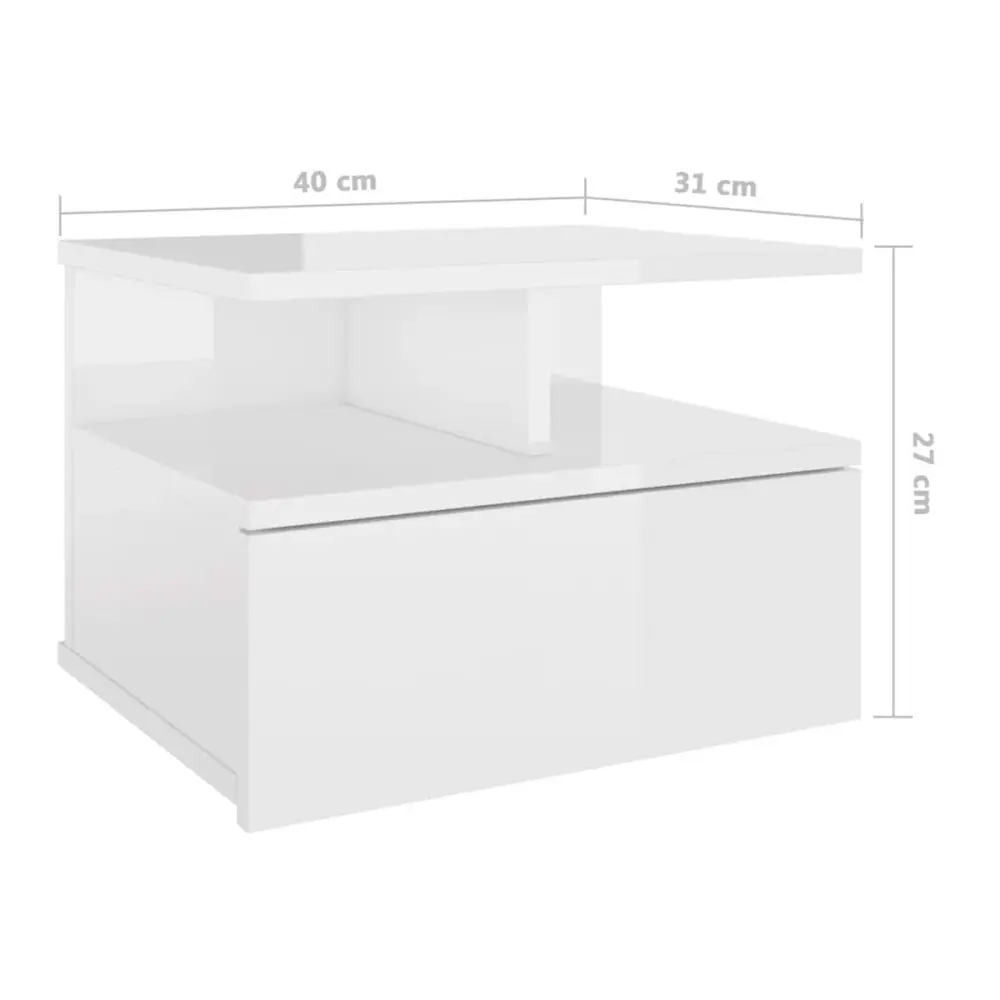 Mesita de noche flotante 1 cajón 2 estantes blanco brillo 27x40x31 cm | Espacioso | Organizado