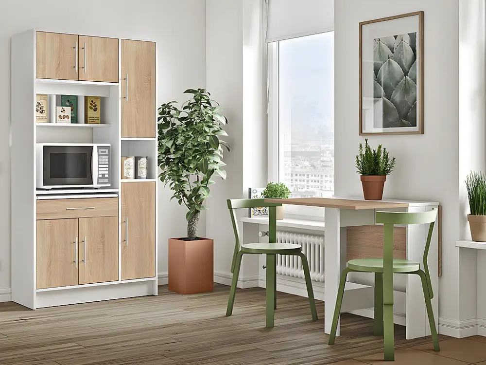 Aparador cocina MADY - 5 puertas y 1 cajón - Blanco y roble