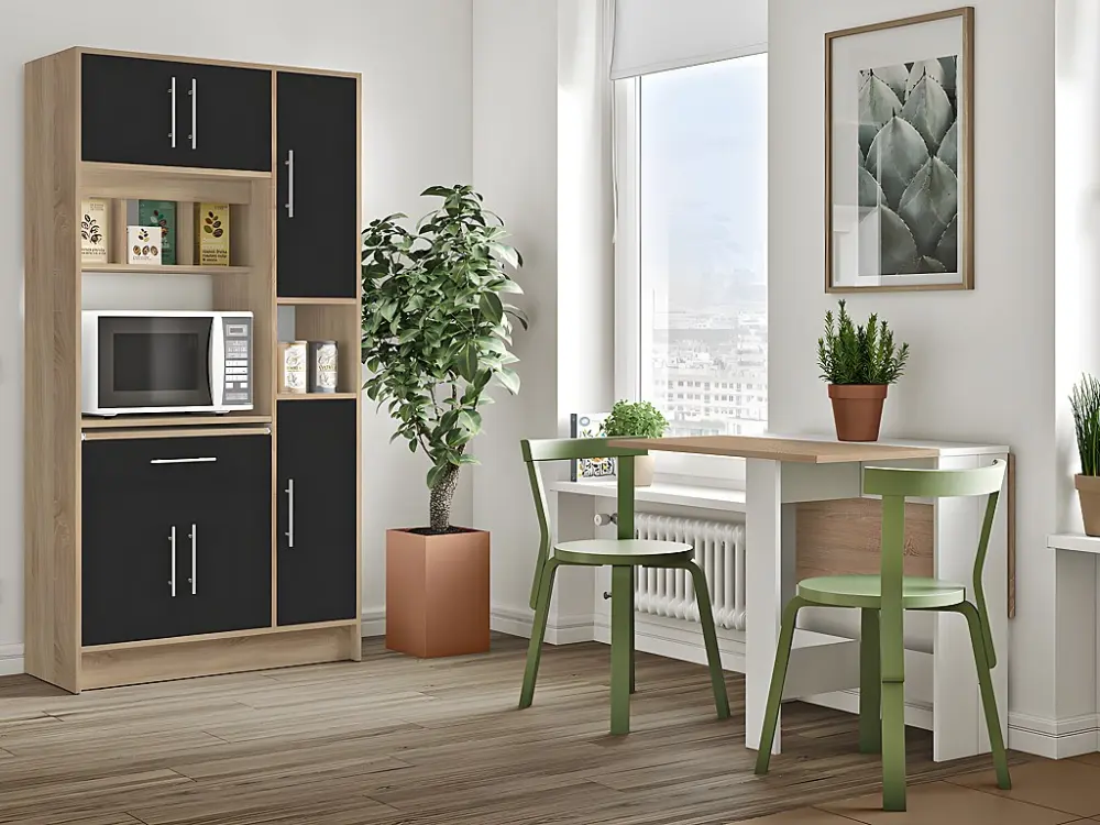 Aparador de cocina MADY - 5 puertas y 1 cajón - Negro y roble