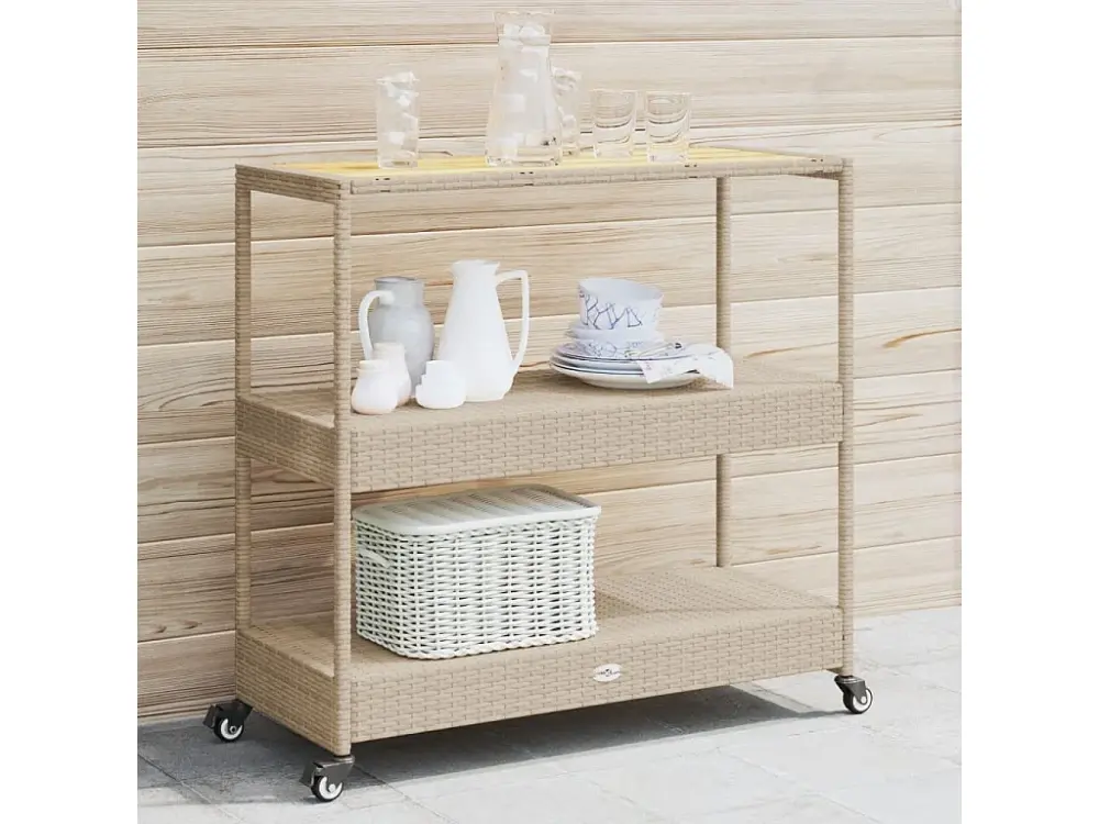 Carrito de bar 3 niveles ratÃ¡n PE y madera maciza acacia beige