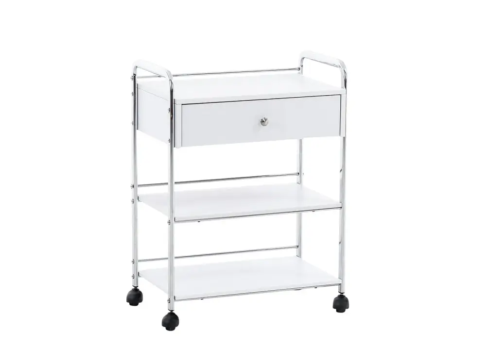 Carrito de servicio sobre ruedas con con 1 cajón y 3 baldas de almacenamiento de 3 niveles blanco madera M10_000204