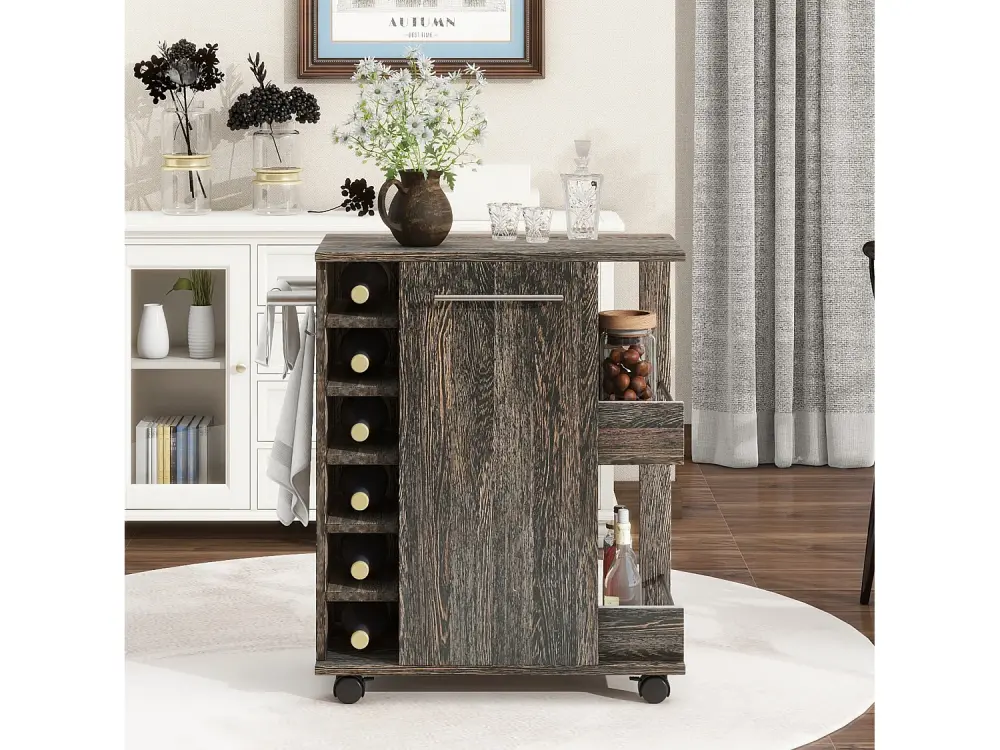 Carro de cocina, carro de cocina con 2 estantes regulables, 4 ruedas, 6 compartimentos y 1 puerta, 74x37,5x81,5 cm, gris o...