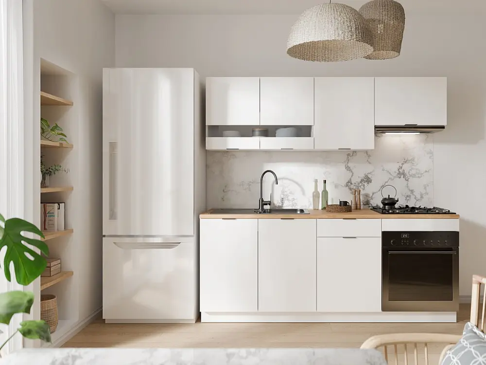 Cocina completa - 200 cm - 6 muebles de almacenamiento - Natural y Blanco - CARMEO
