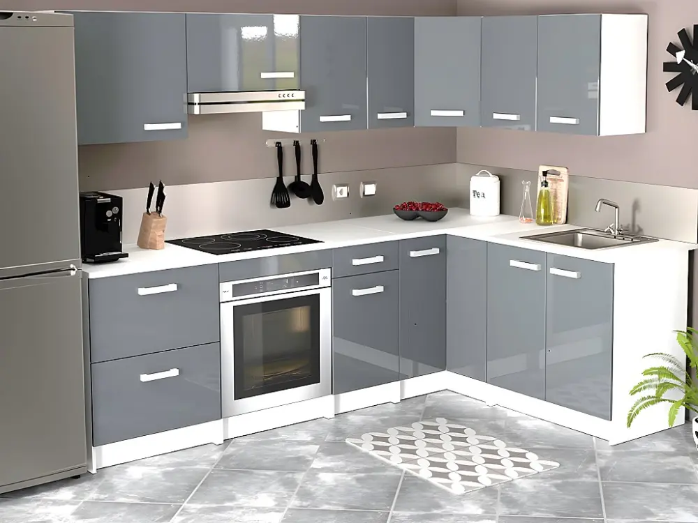Cocina completa de esquina - 11 compartimentos - 416 cm - Gris y blanco - TRATTORIA
