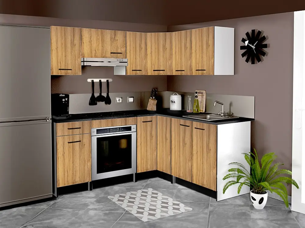 Cocina completa en esquina - Con encimera de 356 cm - Natural y Negro - TRATTORIA