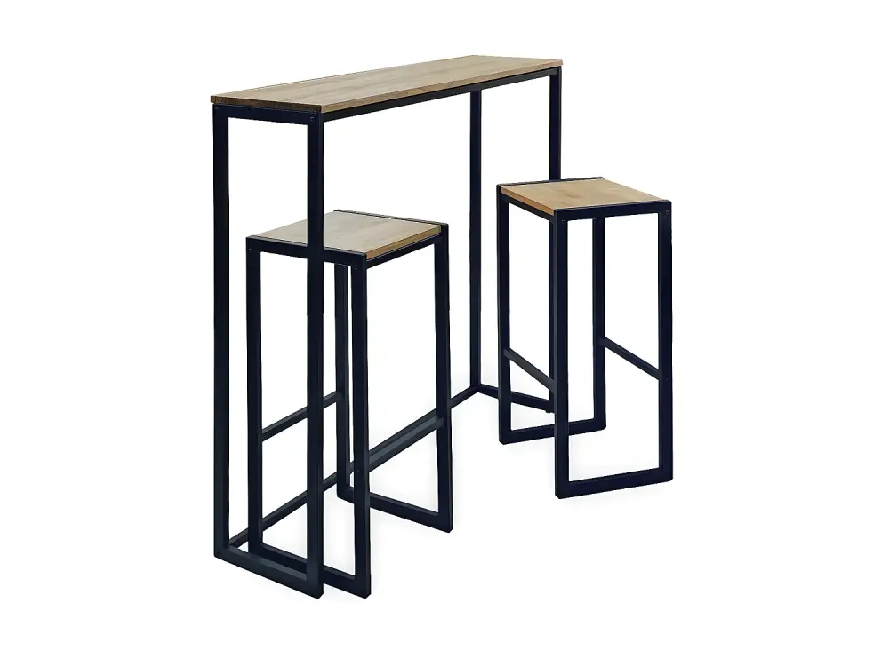 Conjunto Mesa Alta Eco-Line 118x30x110cm y 2 taburetes Negro en madera maciza de pino acabado envejecido estilo Industrial...