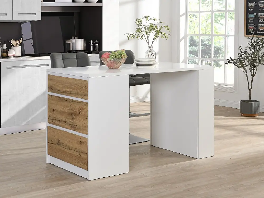 Isla central de cocina con almacenaje de MDF - Blanco y Natural claro - PALESTRINA