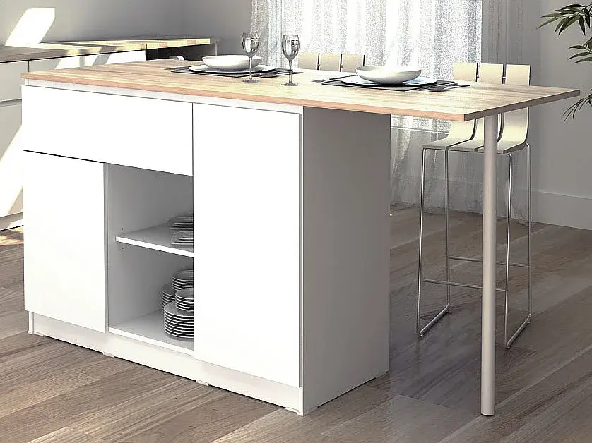 Isla central de cocina 2 puertas, 1 cajón y 2 estantes - blanco y natural claro - TUNORI