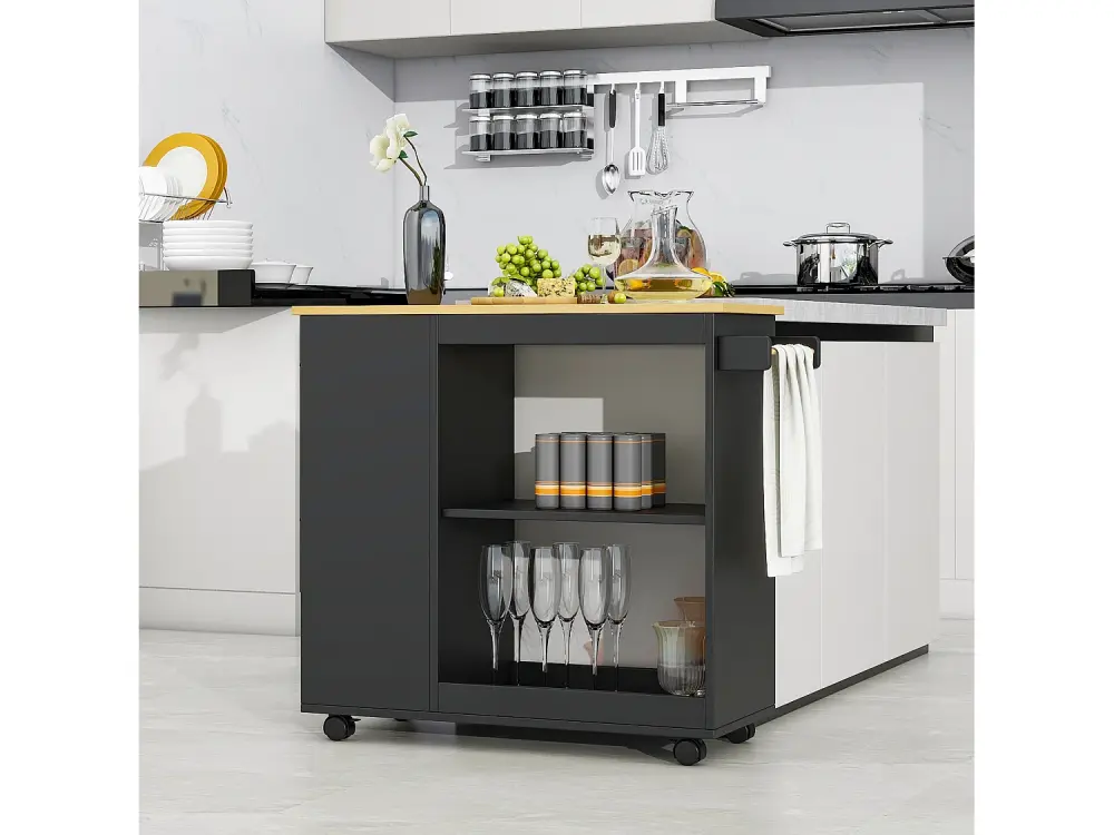 Isla de cocina central móvil con compartimentos abiertos y estantes - 105 x 38 x 89 cm - Madera MDF - Negro