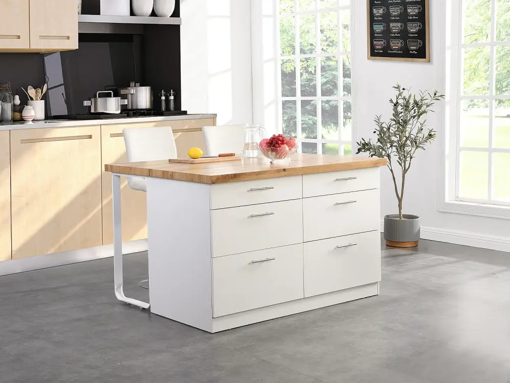 Isla de cocina con 6 cajones de MDF y metal - Blanco y Natural claro - ALEGRITA