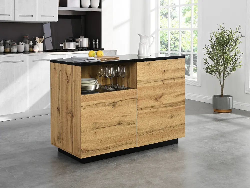 Isla de cocina con 2 puertas y 1 estante de MDF - Natural y negro - CORELINA