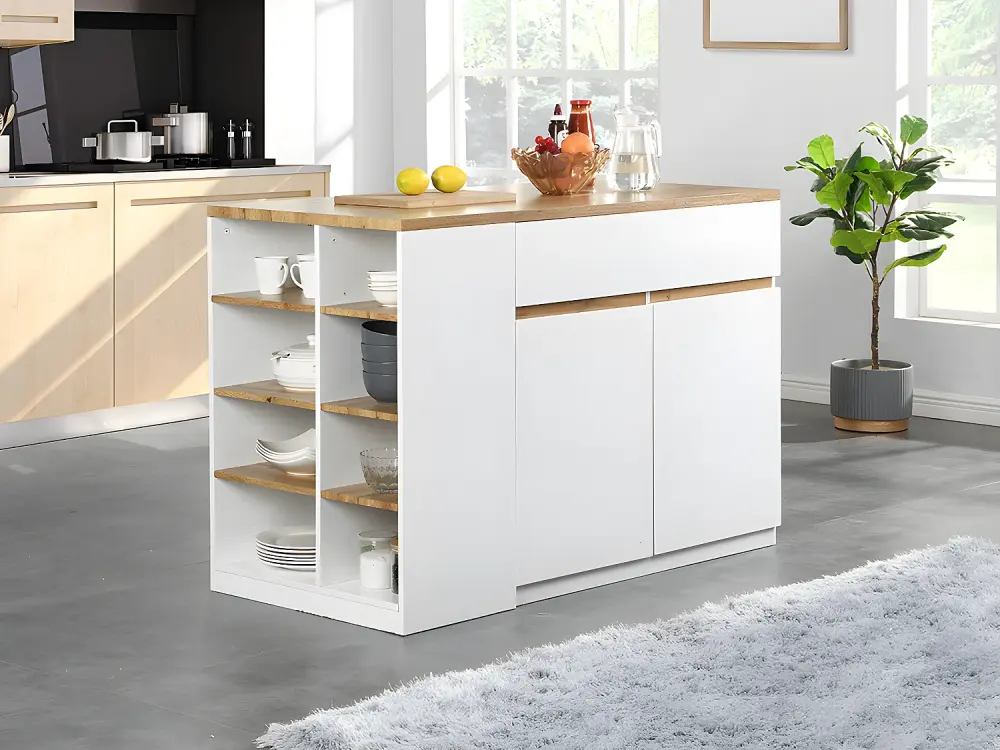 Isla de cocina contemporáneo - MDF - Ancho 130 cm - Blanco y roble - MEILI