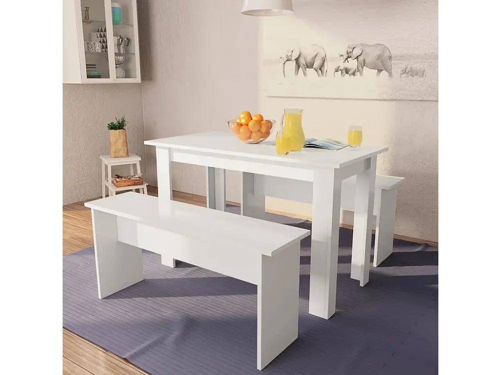 Mesa de comedor y bancos 3 piezas madera contrachapada blanca