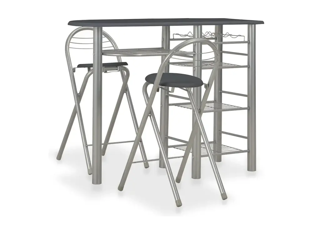 Mesa y taburetes de cocina con estantes de madera y acero negro