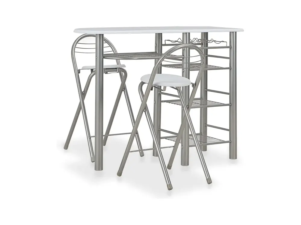 Mesa y taburetes de cocina y estantes de madera y acero blanco