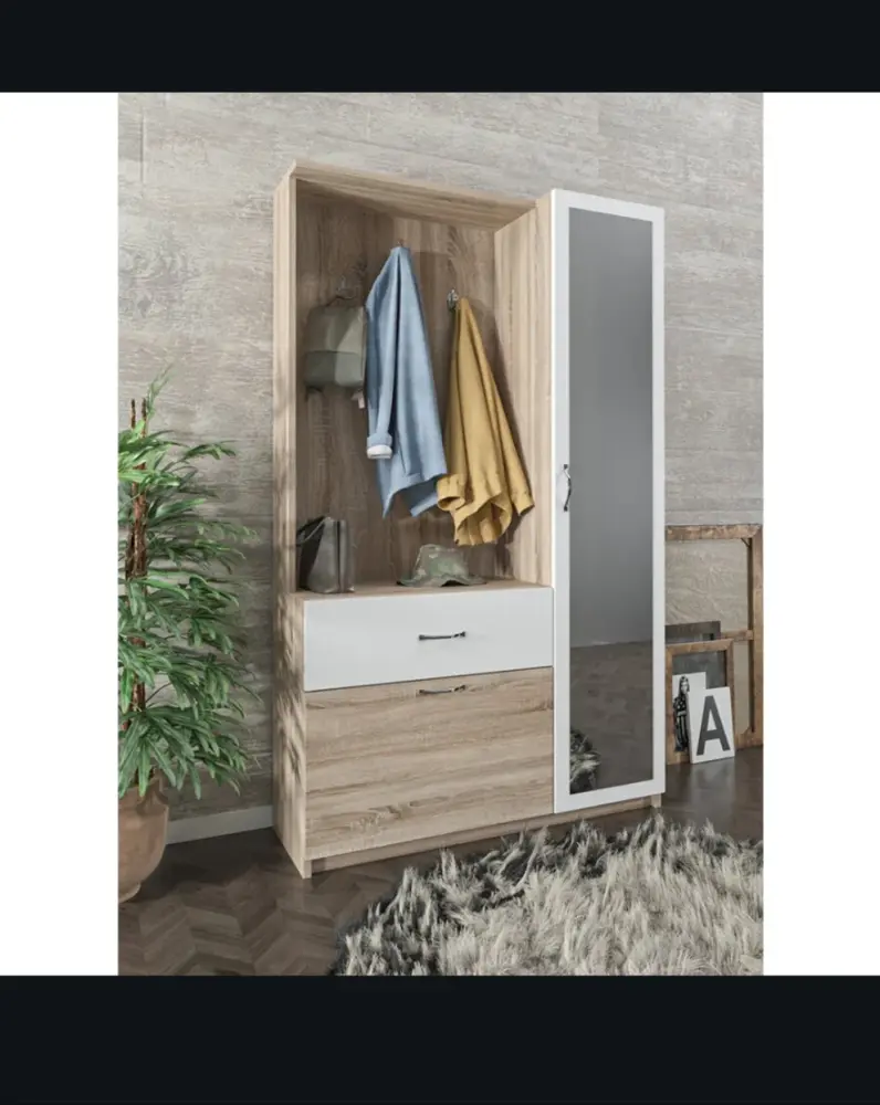 Mueble de entrada multifunción. Reina. Blanco y madera para 12 Pares de Zapatos