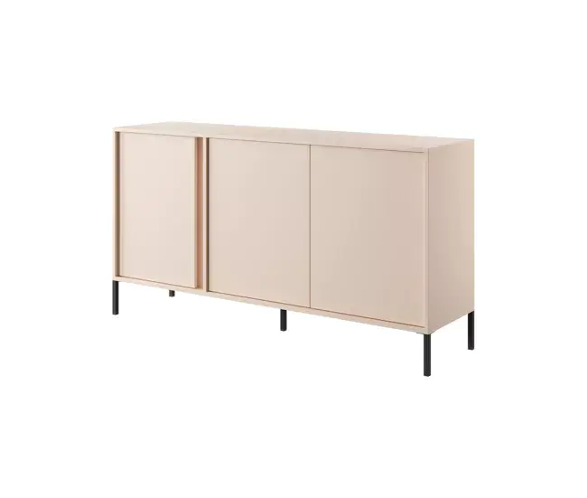 Comoda DAST en beige de estilo vanguardista, mide 82x154x40 cm y dispone de 6 estantes, 3 puertas e iluminación LED